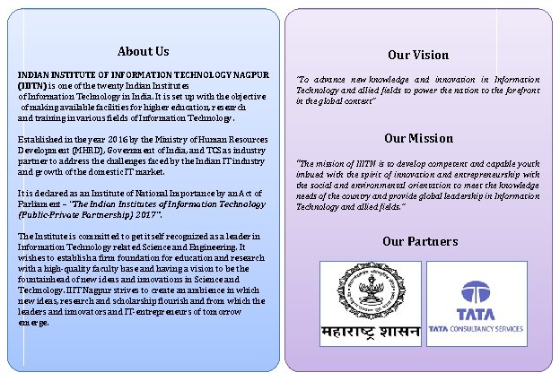 About Us INDIAN INSTITUTE OF INFORMATION TECHNOLOGY NAGPUR (IIITN) is one of the twenty