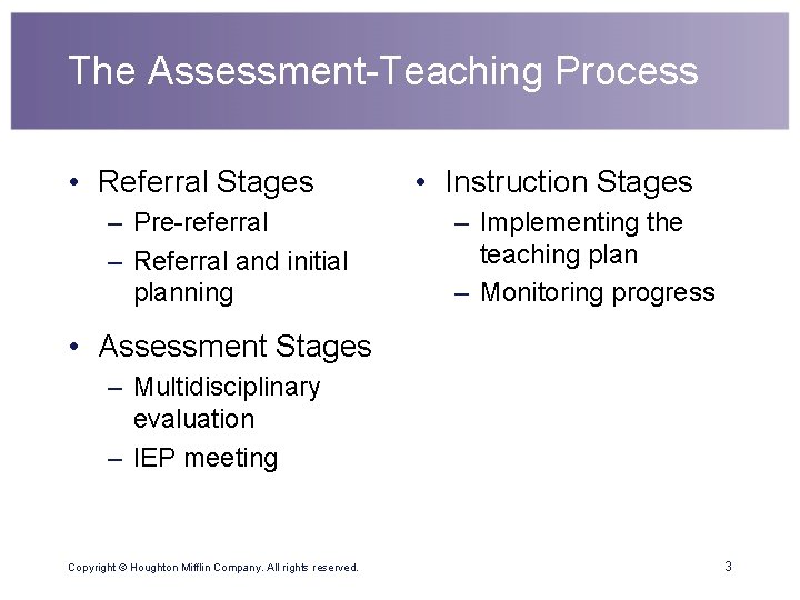 The Assessment-Teaching Process • Referral Stages – Pre-referral – Referral and initial planning •