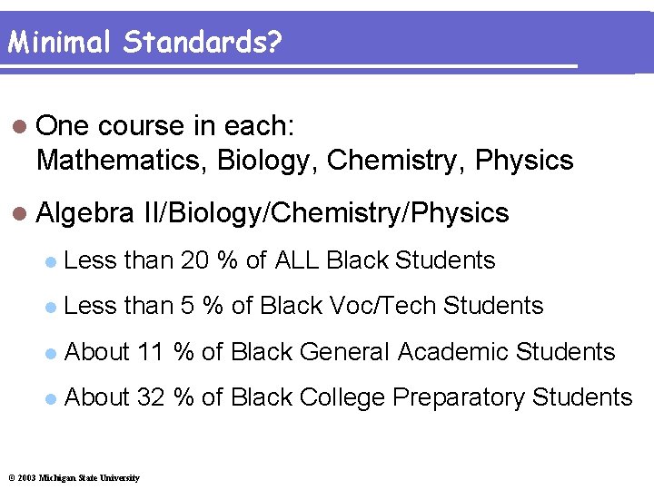 Minimal Standards? l One course in each: Mathematics, Biology, Chemistry, Physics l Algebra II/Biology/Chemistry/Physics