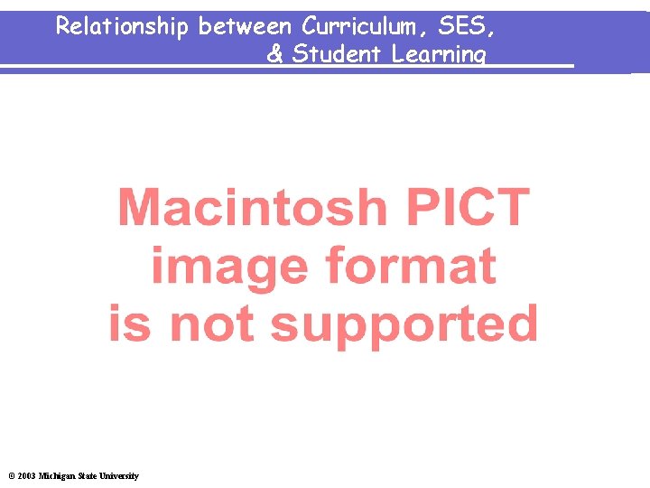 Relationship between Curriculum, SES, & Student Learning © 2003 Michigan State University 