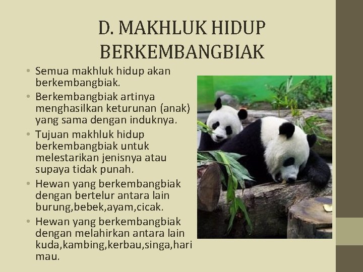 D. MAKHLUK HIDUP BERKEMBANGBIAK • Semua makhluk hidup akan berkembangbiak. • Berkembangbiak artinya menghasilkan