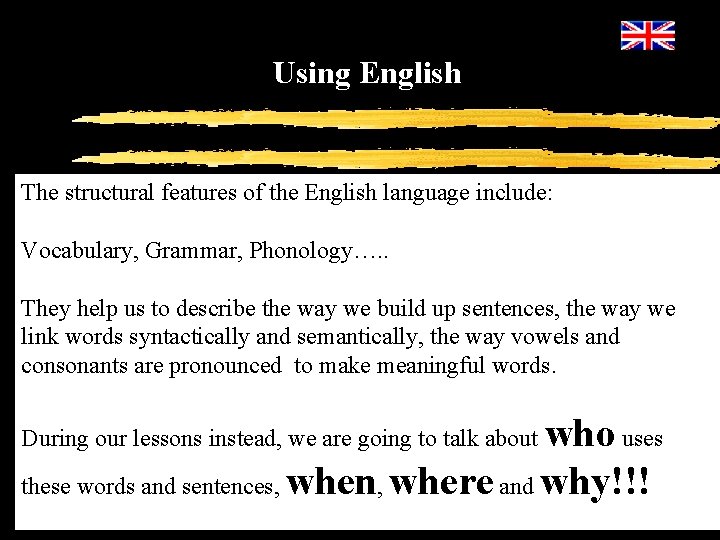 Using English The structural features of the English language include: Vocabulary, Grammar, Phonology…. .