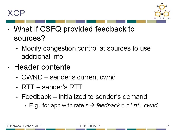 XCP • What if CSFQ provided feedback to sources? • • Modify congestion control