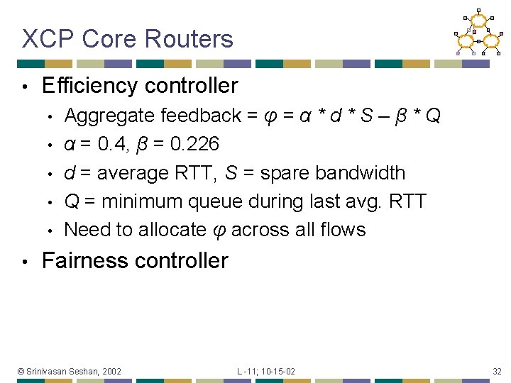 XCP Core Routers • Efficiency controller • • • Aggregate feedback = φ =