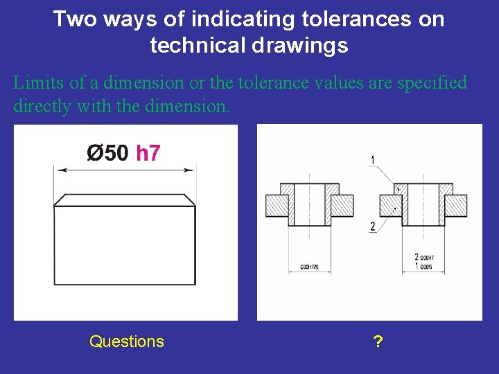 Two ways of indicating tolerances on technical drawings Limits of a dimension or the
