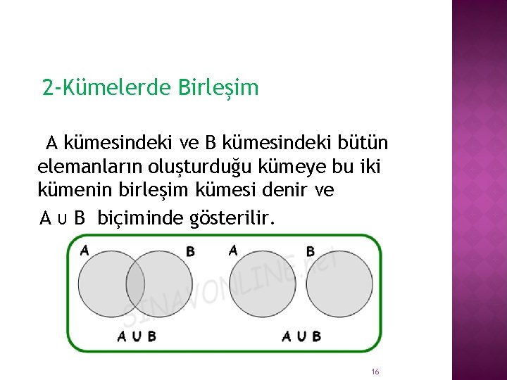 2 -Kümelerde Birleşim A kümesindeki ve B kümesindeki bütün elemanların oluşturduğu kümeye bu iki