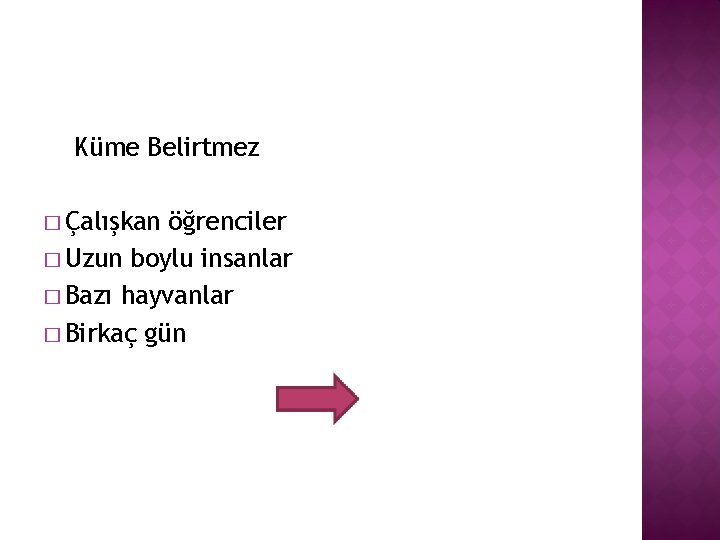 Küme Belirtmez � Çalışkan öğrenciler � Uzun boylu insanlar � Bazı hayvanlar � Birkaç