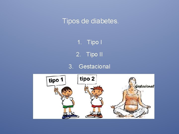 Tipos de diabetes. 1. Tipo I 2. Tipo II 3. Gestacional 