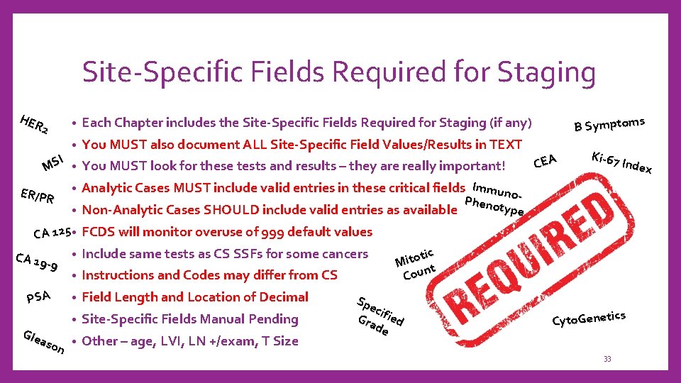 Site-Specific Fields Required for Staging HER 2 • Each Chapter includes the Site-Specific Fields