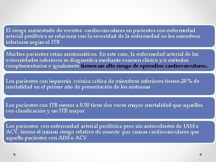El riesgo aumentado de eventos cardiovasculares en pacientes con enfermedad arterial periférica se relaciona