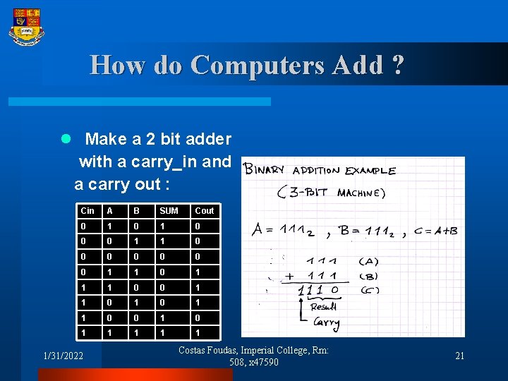 How do Computers Add ? l Make a 2 bit adder with a carry_in