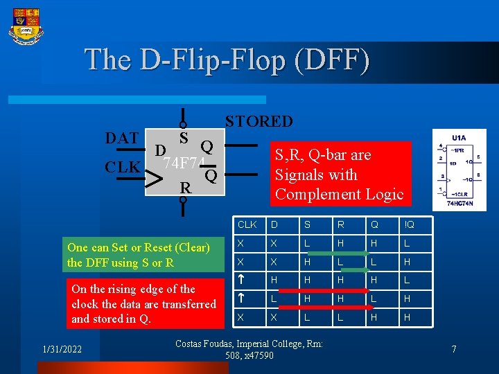 The D-Flip-Flop (DFF) DAT O S Q D CLK 74 F 74 Q R