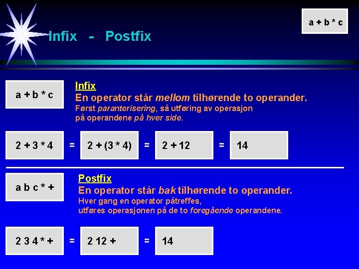 a+b*c Infix - Postfix Infix En operator står mellom tilhørende to operander. a+b*c Først