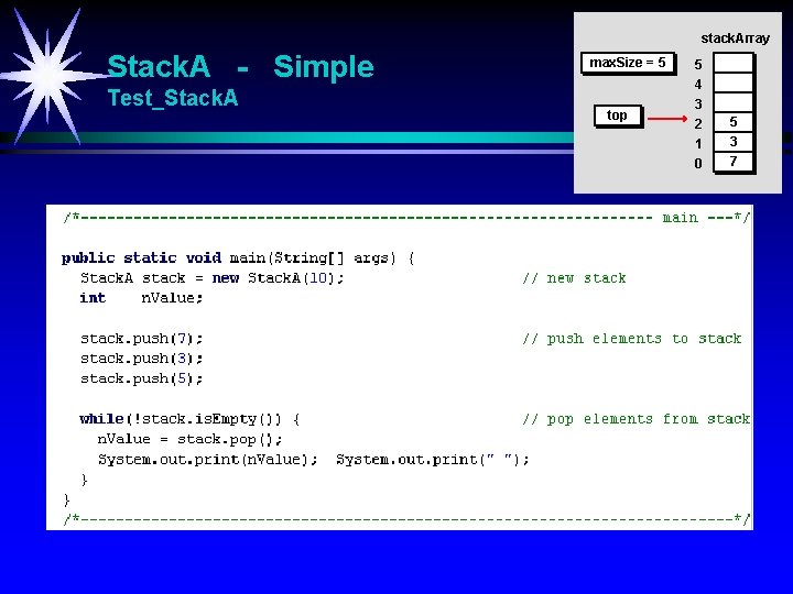 stack. Array Stack. A - Simple Test_Stack. A max. Size = 5 top 5