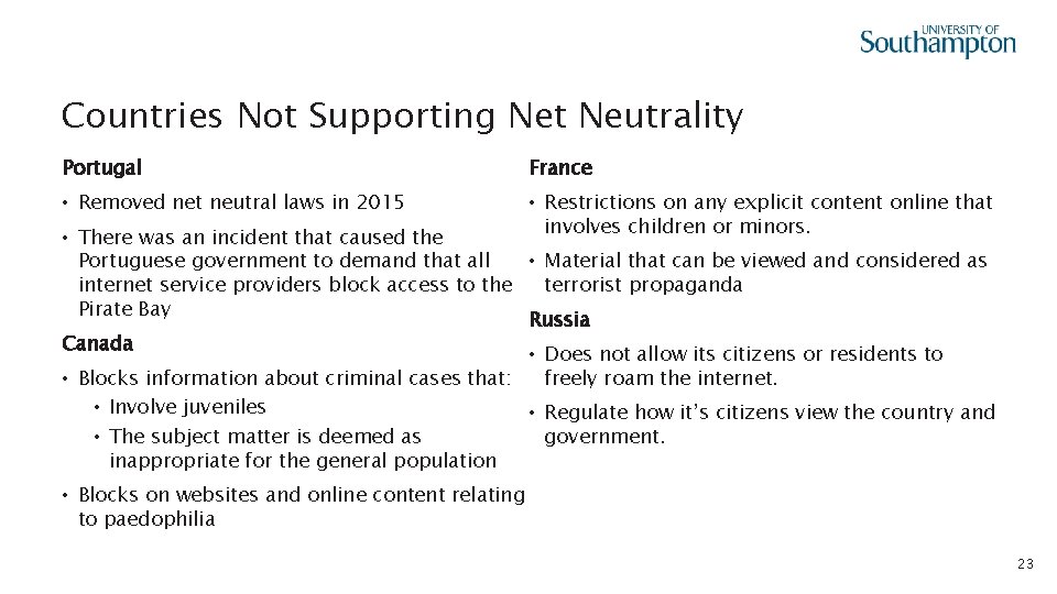 Countries Not Supporting Net Neutrality Portugal France • Removed net neutral laws in 2015