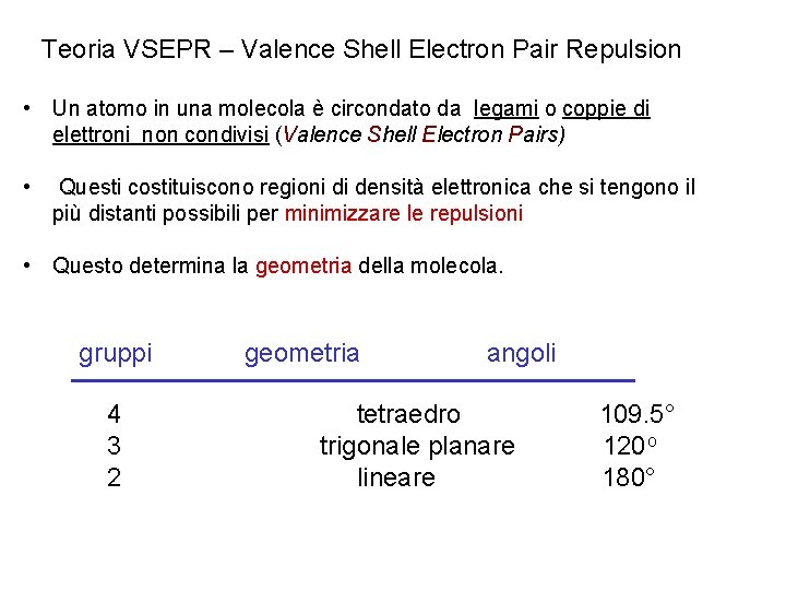 Teoria VSEPR – Valence Shell Electron Pair Repulsion • Un atomo in una molecola