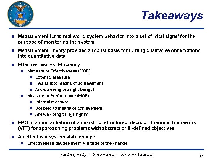 Takeaways n Measurement turns real-world system behavior into a set of ‘vital signs’ for