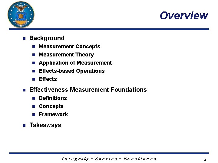 Overview n Background Measurement Concepts n Measurement Theory n n Application of Measurement Effects-based