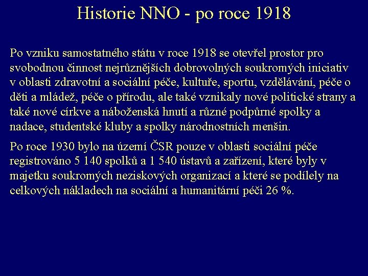 Historie NNO - po roce 1918 Po vzniku samostatného státu v roce 1918 se