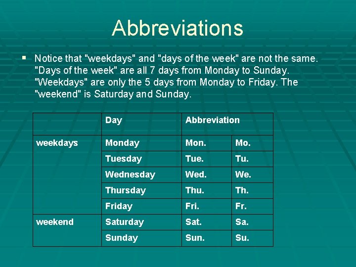 Abbreviations § Notice that "weekdays" and "days of the week" are not the same.