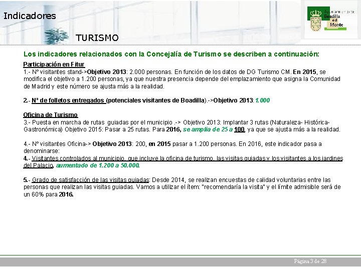 Indicadores TURISMO Los indicadores relacionados con la Concejalía de Turismo se describen a continuación: