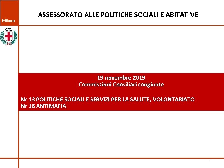 Milano ASSESSORATO ALLE POLITICHE SOCIALI E ABITATIVE 19 novembre 2019 Commissioni Consiliari congiunte Nr