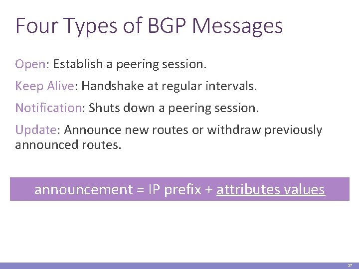 Four Types of BGP Messages Open: Establish a peering session. Keep Alive: Handshake at