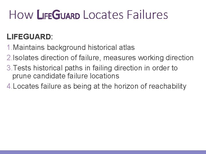 How LIFEGUARD Locates Failures LIFEGUARD: 1. Maintains background historical atlas 2. Isolates direction of