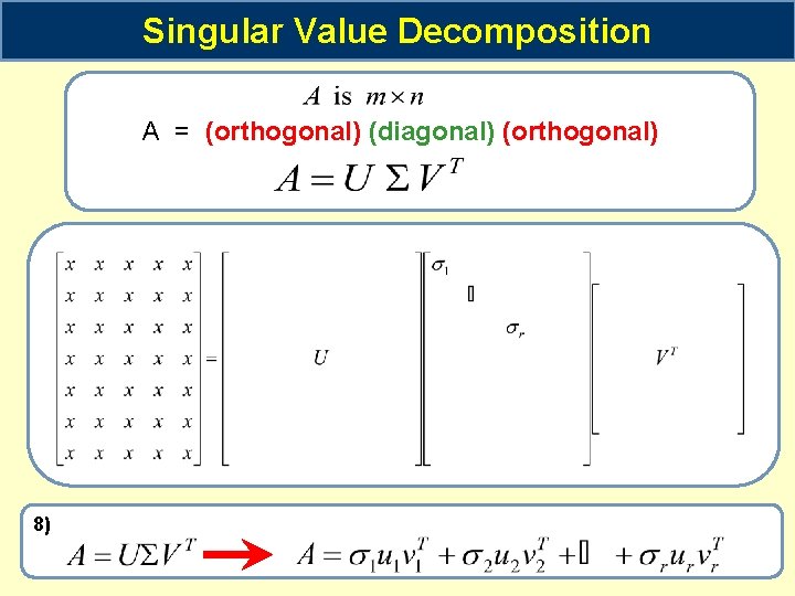 Singular Value Decomposition A = (orthogonal) (diagonal) (orthogonal) 8) 