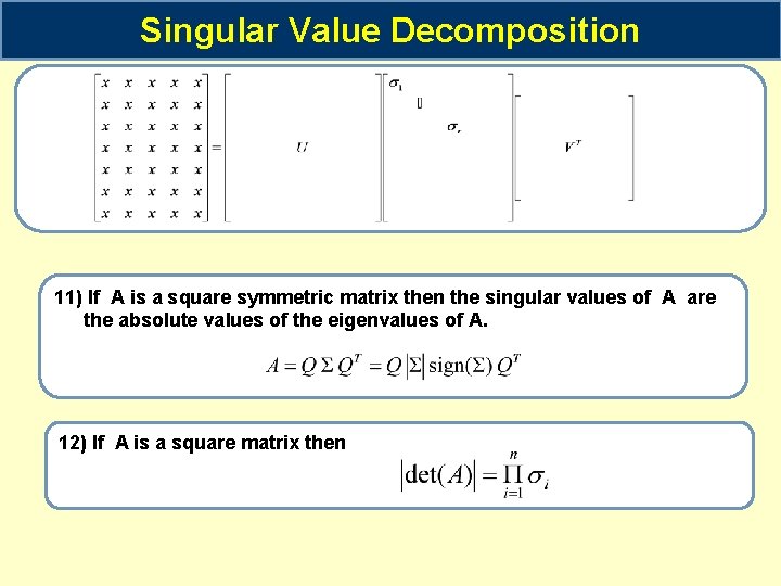 Singular Value Decomposition 11) If A is a square symmetric matrix then the singular