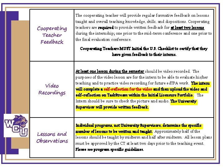 Cooperating Teacher Feedback The cooperating teacher will provide regular formative feedback on lessons taught