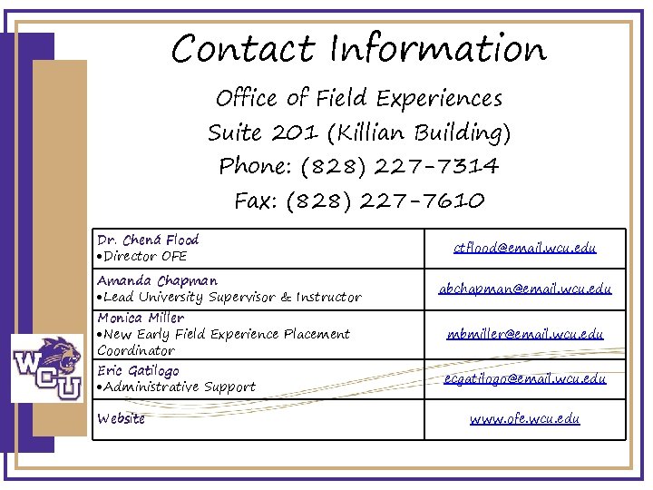 Contact Information Office of Field Experiences Suite 201 (Killian Building) Phone: (828) 227 -7314