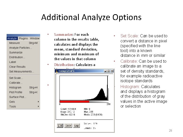 Additional Analyze Options • • • Summarize: For each column in the results table,