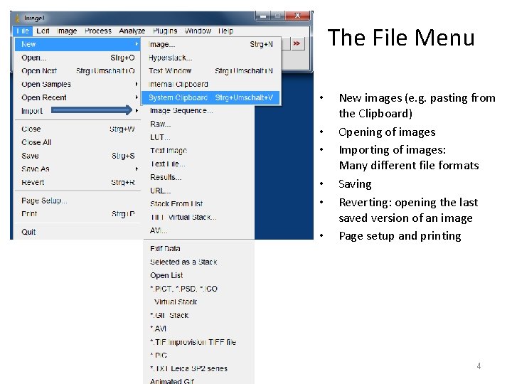 The File Menu • • • New images (e. g. pasting from the Clipboard)