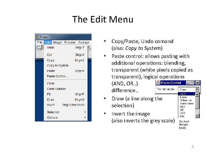 The Edit Menu • Copy/Paste, Undo comand (also: Copy to System) • Paste control:
