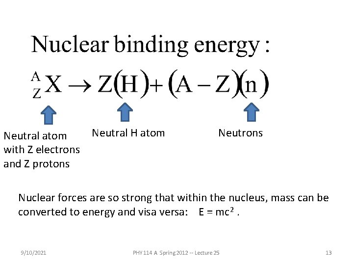 Neutral atom with Z electrons and Z protons Neutral H atom Neutrons Nuclear forces