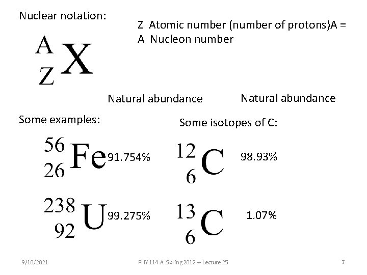 Nuclear notation: Z Atomic number (number of protons)A = A Nucleon number Natural abundance