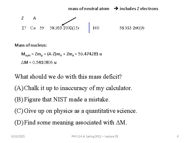 mass of neutral atom includes Z electrons Z A Mass of nucleus: Msum =