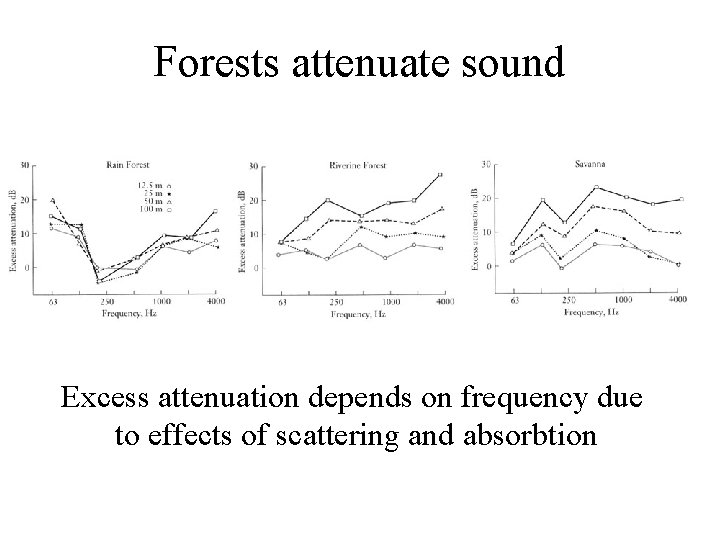 Forests attenuate sound Excess attenuation depends on frequency due to effects of scattering and