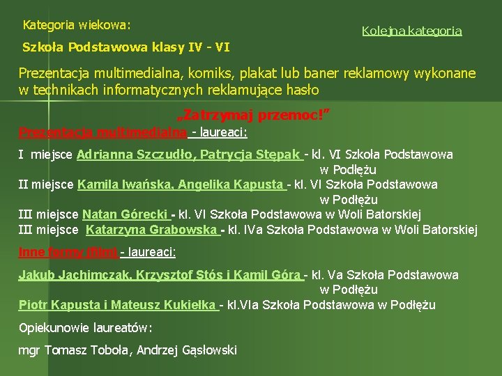 Kategoria wiekowa: Kolejna kategoria Szkoła Podstawowa klasy IV - VI Prezentacja multimedialna, komiks, plakat