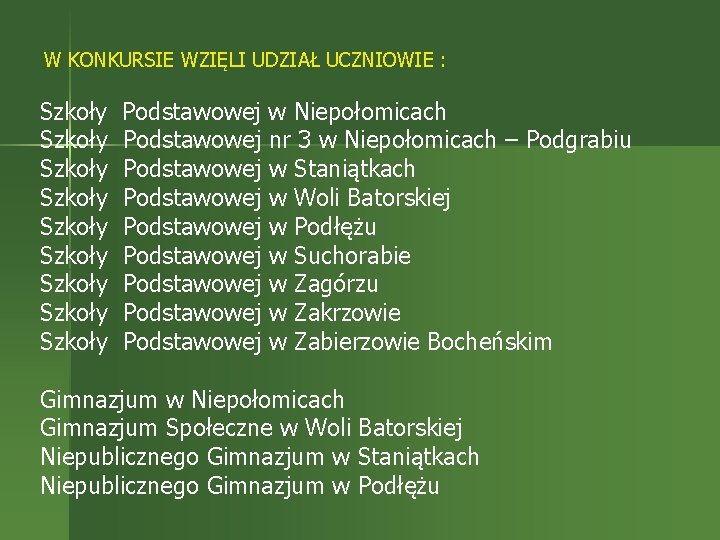 W KONKURSIE WZIĘLI UDZIAŁ UCZNIOWIE : Szkoły Szkoły Szkoły Podstawowej w Niepołomicach Podstawowej nr