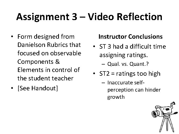 Assignment 3 – Video Reflection • Form designed from Danielson Rubrics that focused on