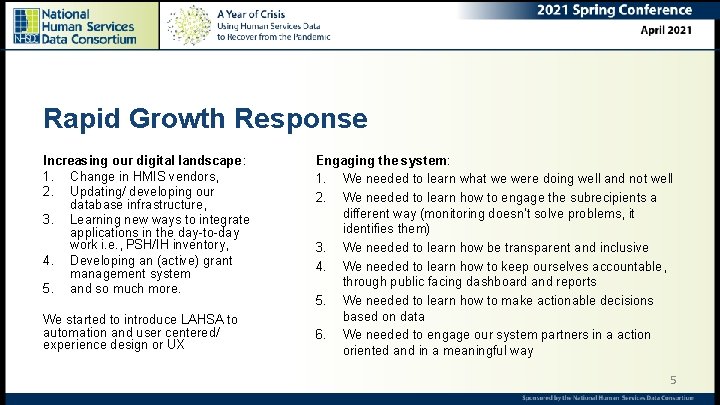 Rapid Growth Response Increasing our digital landscape: 1. Change in HMIS vendors, 2. Updating/