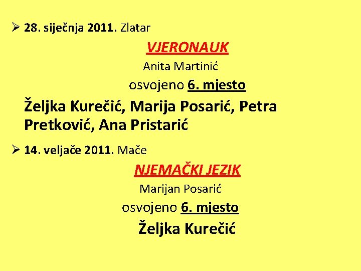 Ø 28. siječnja 2011. Zlatar VJERONAUK Anita Martinić osvojeno 6. mjesto Željka Kurečić, Marija