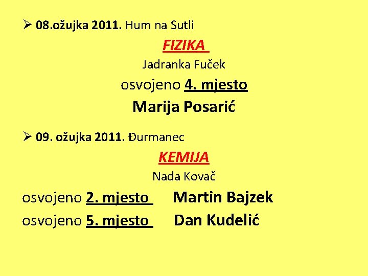 Ø 08. ožujka 2011. Hum na Sutli FIZIKA Jadranka Fuček osvojeno 4. mjesto Marija