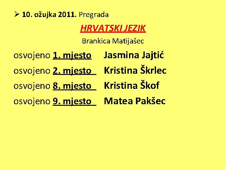 Ø 10. ožujka 2011. Pregrada HRVATSKI JEZIK Brankica Matijašec osvojeno 1. mjesto osvojeno 2.