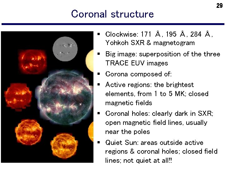 Coronal structure 29 § Clockwise: 171 Å, 195 Å, 284 Å, Yohkoh SXR &