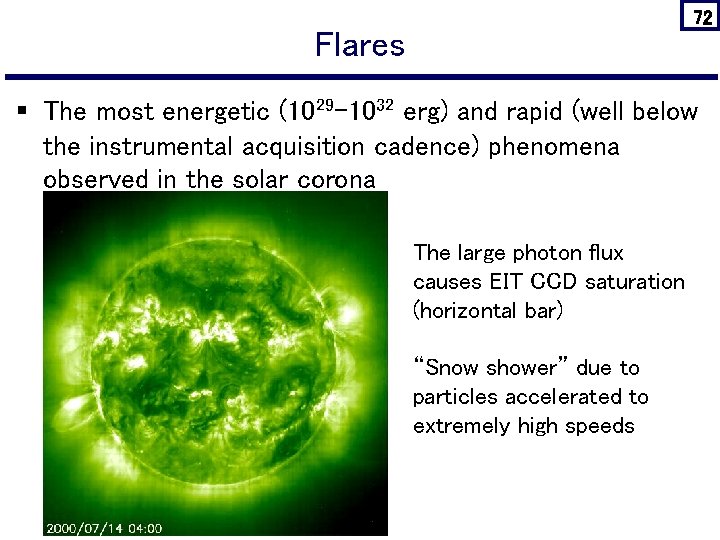 72 Flares § The most energetic (1029 -1032 erg) and rapid (well below the