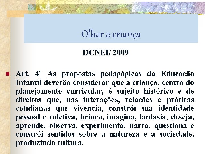 Olhar a criança DCNEI/ 2009 n Art. 4º As propostas pedagógicas da Educação Infantil