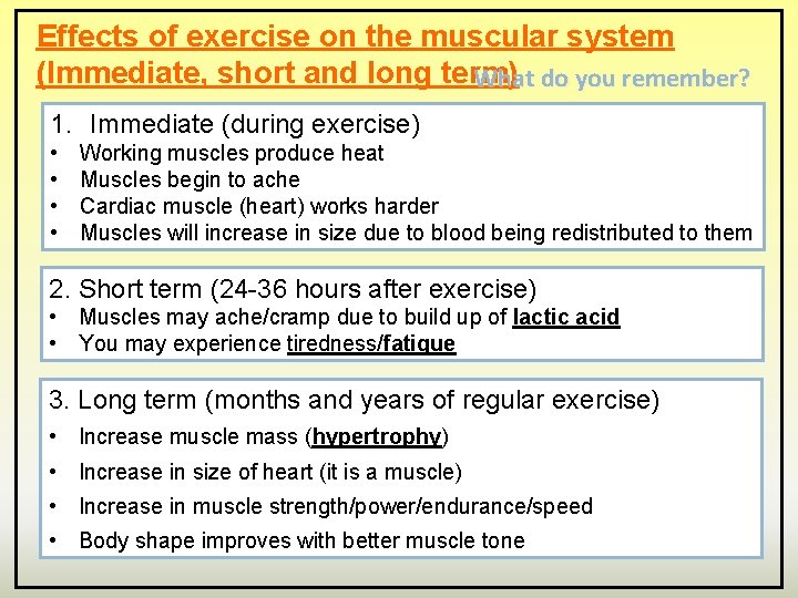 Effects of exercise on the muscular system (Immediate, short and long term) What do